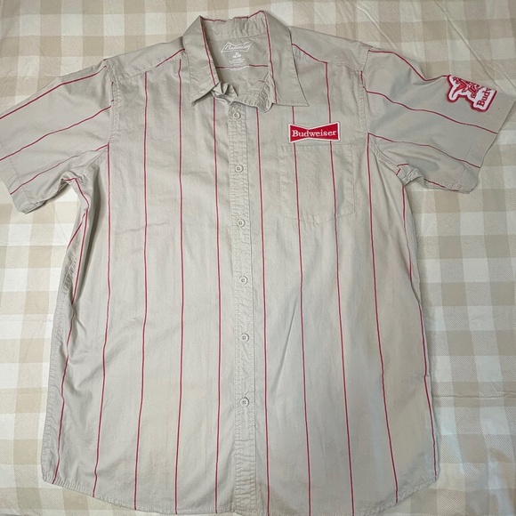BUDWEISER Mens Short Sleeve Pin Stripe Button Down - Picture 1 of 4